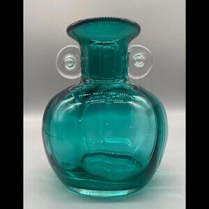 Vintage Handblown Teal Art Glass Vase with Applied Clear Glass Handles